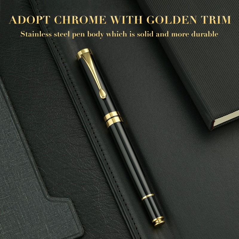 BEILUNER Ballpoint Pens, Stunning Black Chrome Metal Pen with Golden Trim, Best Ball Pen Gift Set for Men & Women, Professional, Executive, Office, Nice Pens-Gift Box with 0.5mm Black Extra Refill