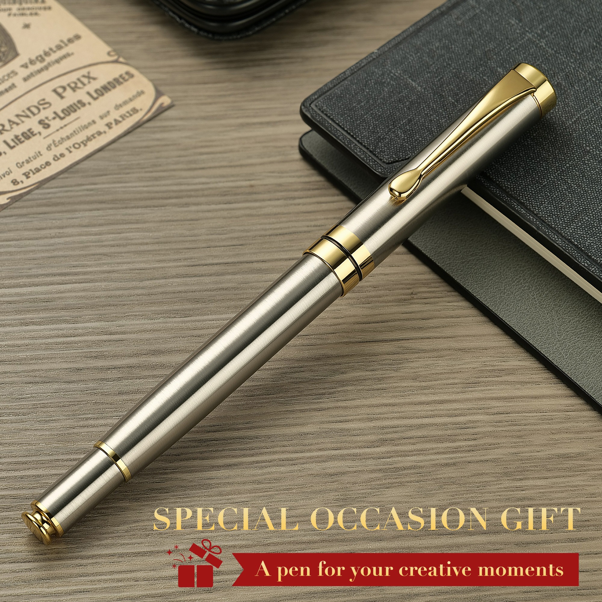 BEILUNER Ballpoint Pens, Stunning Silver Chrome Metal Pen with Golden Trim, Best Ball Pen Gift Set for Men & Women, Professional, Executive, Office, Nice Pens-Gift Box with 0.5mm Extra Black Refill