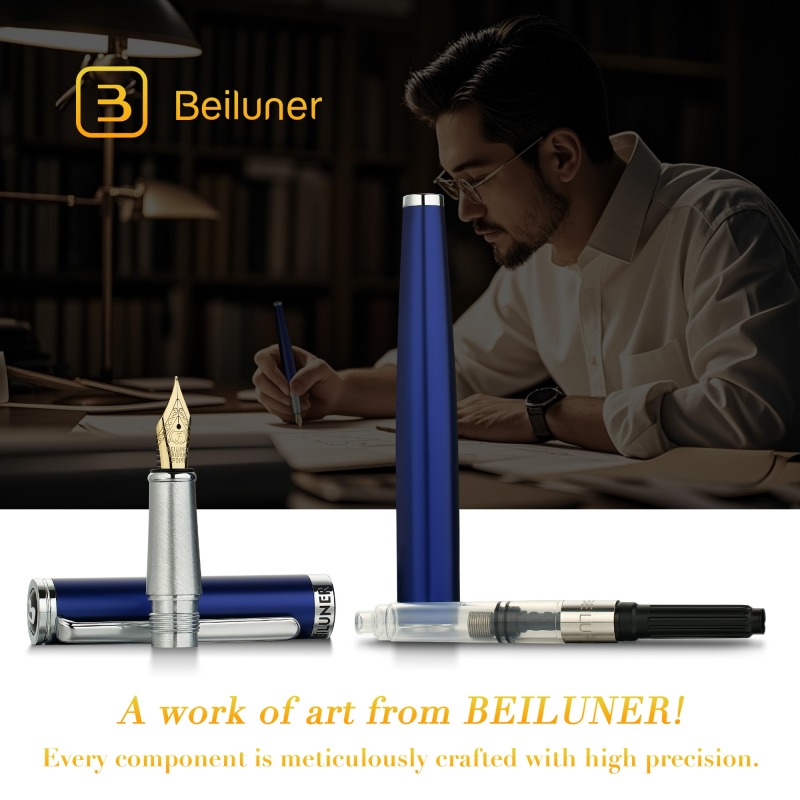 BEILUNER Luxury Fountain Pen Set,Solid 24K Gilded Fine Nib, Modern Classic Limited Edition -Includes 6 Ink Cartridges&Ink Refill Converter with Gift Case-Perfect for Men and Women（Charming blue）
