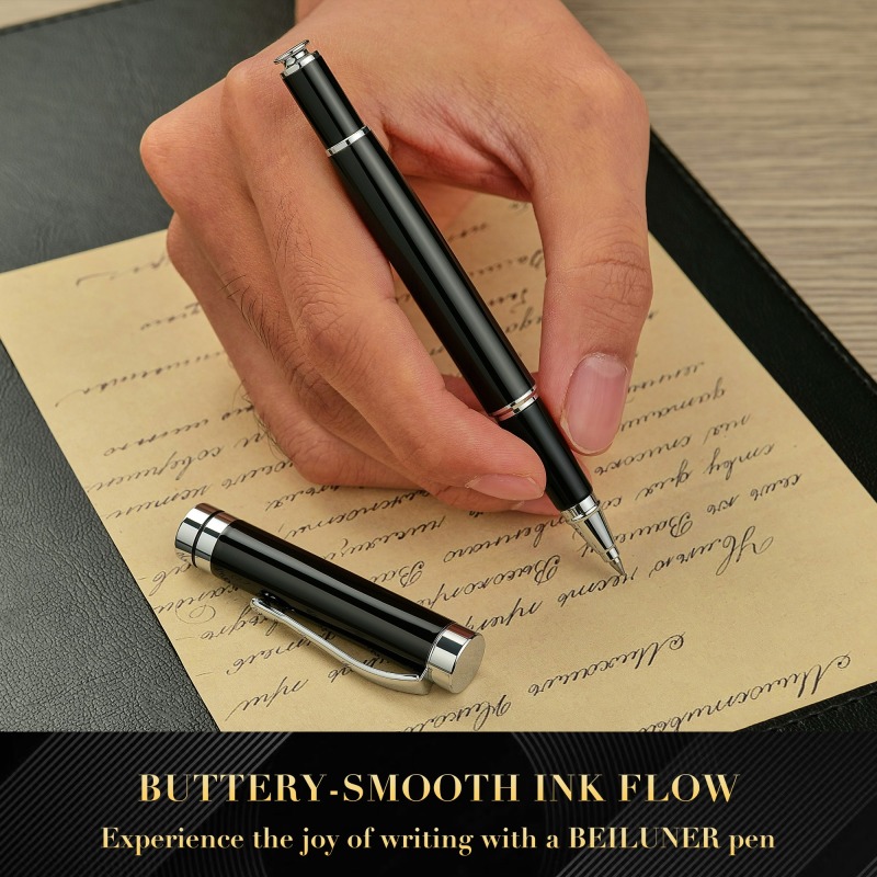 BEILUNER Ballpoint Pens, Stunning Black Chrome Ballpoint Pen with Silver Trim, Best Ball Pen Gift Set for Men & Women, Professional, Executive, Office, Fancy Pen-Gift Box With 0.5mm Extra Black Refill
