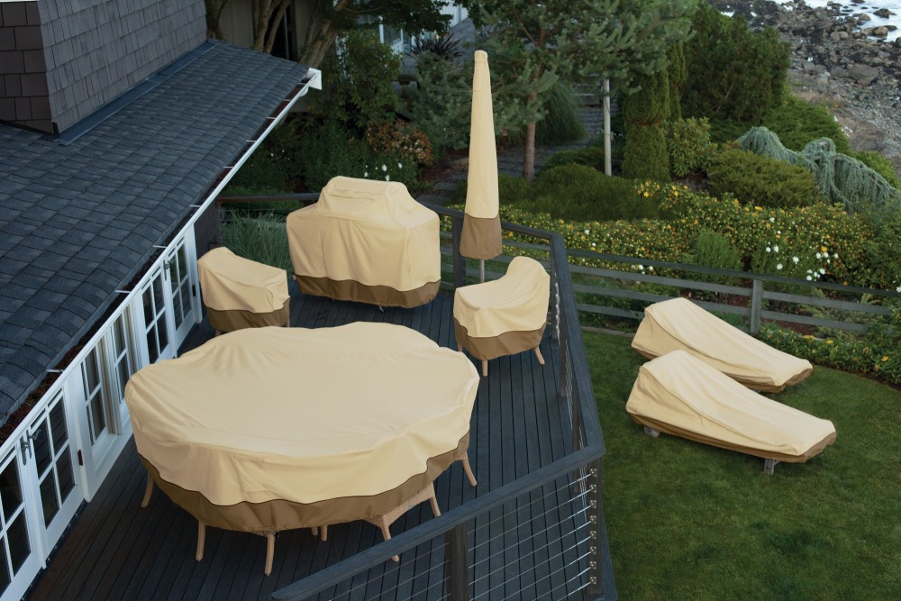210D Beige Round Furniture Cover Outdoor Protective Cover Waterproof Dust-Proof Windproof Moisture Proof Anti-UV For Sofas Chairs Dining Table