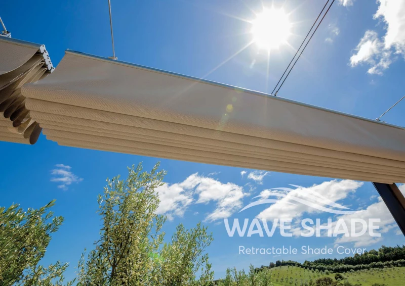 Customized Made Wave Shade Cover Retractable Shade Replacement Pergola Shade Canopy Waterproof Slide Wire Extendable Shade Awning Sail for Patio Deck Gazebo