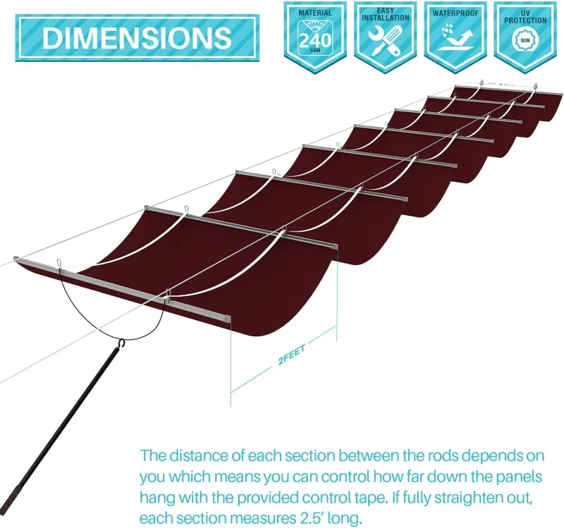 Customized Made Wave Shade Cover Retractable Shade Replacement Pergola Shade Canopy Waterproof Slide Wire Extendable Shade Awning Sail for Patio Deck Gazebo
