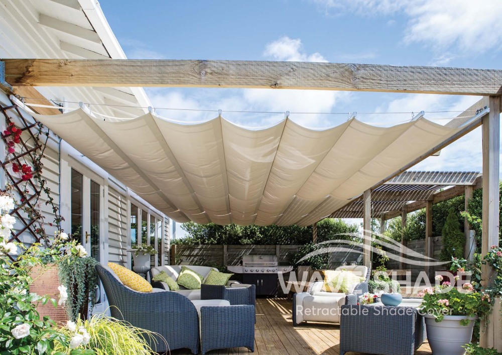 Customized Made Wave Shade Cover Retractable Shade Replacement Pergola Shade Canopy Waterproof Slide Wire Extendable Shade Awning Sail for Patio Deck Gazebo