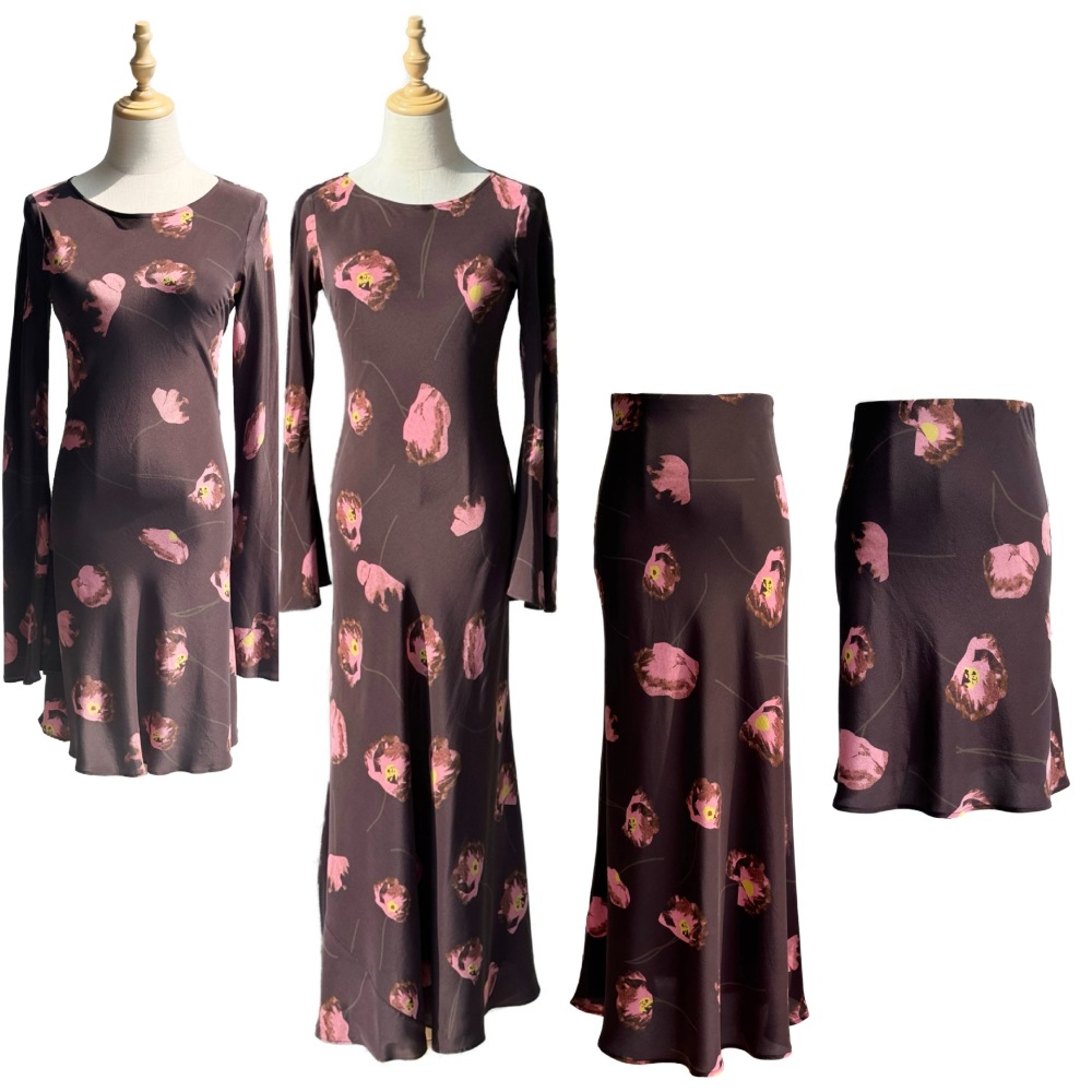 Elegant Slant Cut Flared Sleeve 100% Sand Washed Silk Dress Floral Printing
