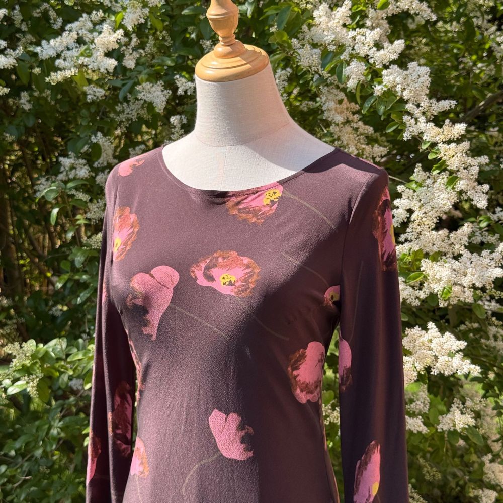 Elegant Slant Cut Flared Sleeve 100% Sand Washed Silk Dress Floral Printing