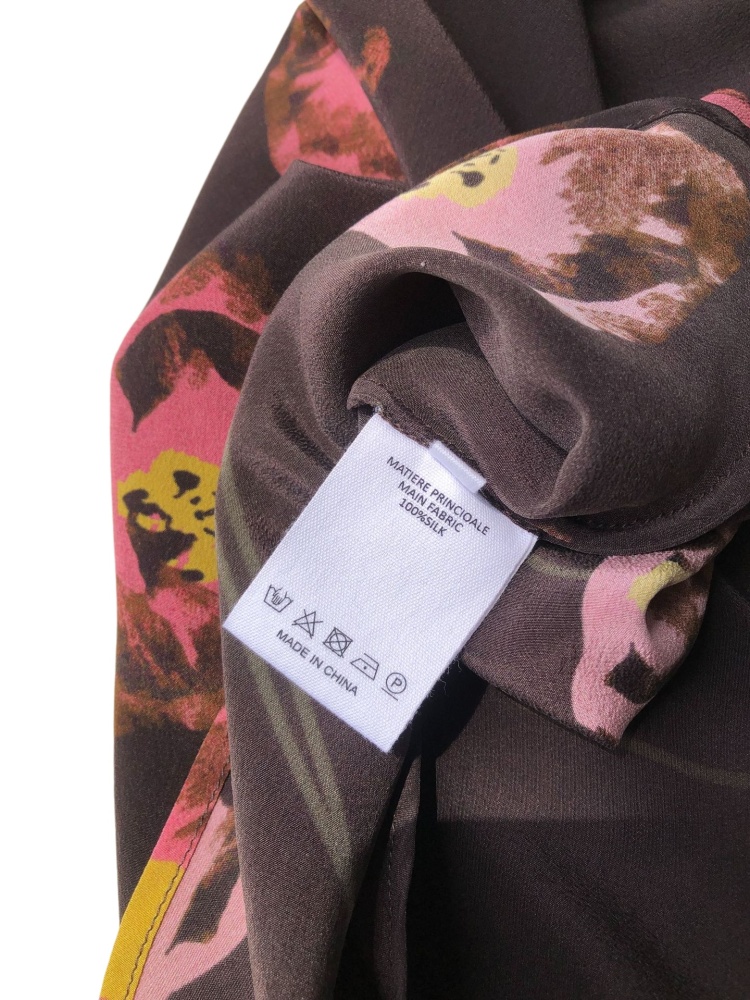 Elegant Slant Cut Flared Sleeve 100% Sand Washed Silk Dress Floral Printing