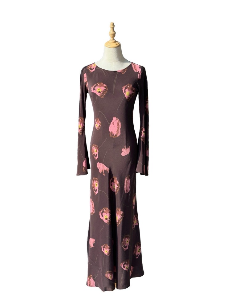 Elegant Slant Cut Flared Sleeve 100% Sand Washed Silk Dress Floral Printing
