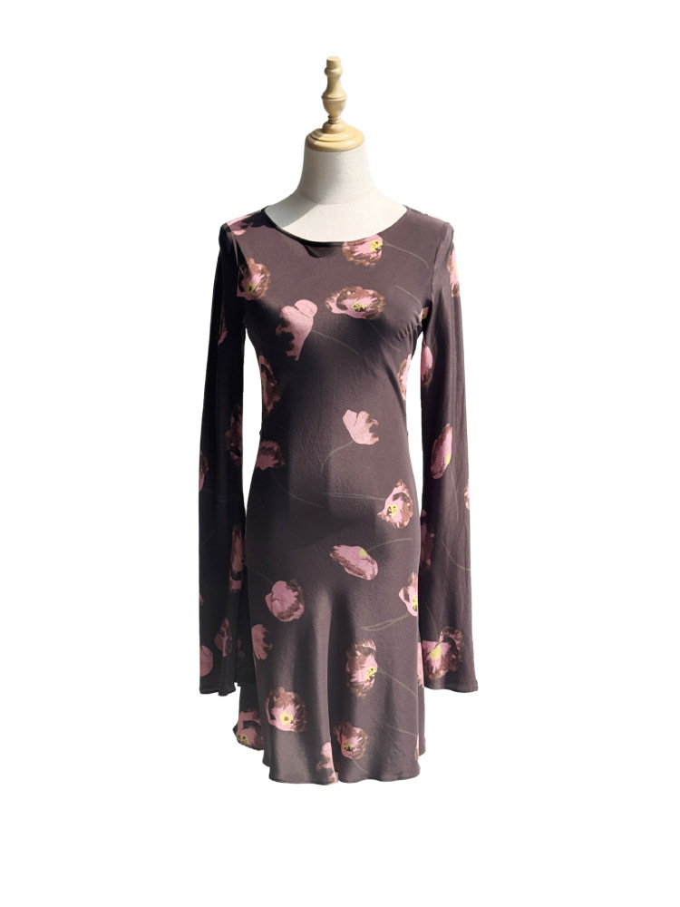 Elegant Slant Cut Flared Sleeve 100% Sand Washed Silk Dress Floral Printing