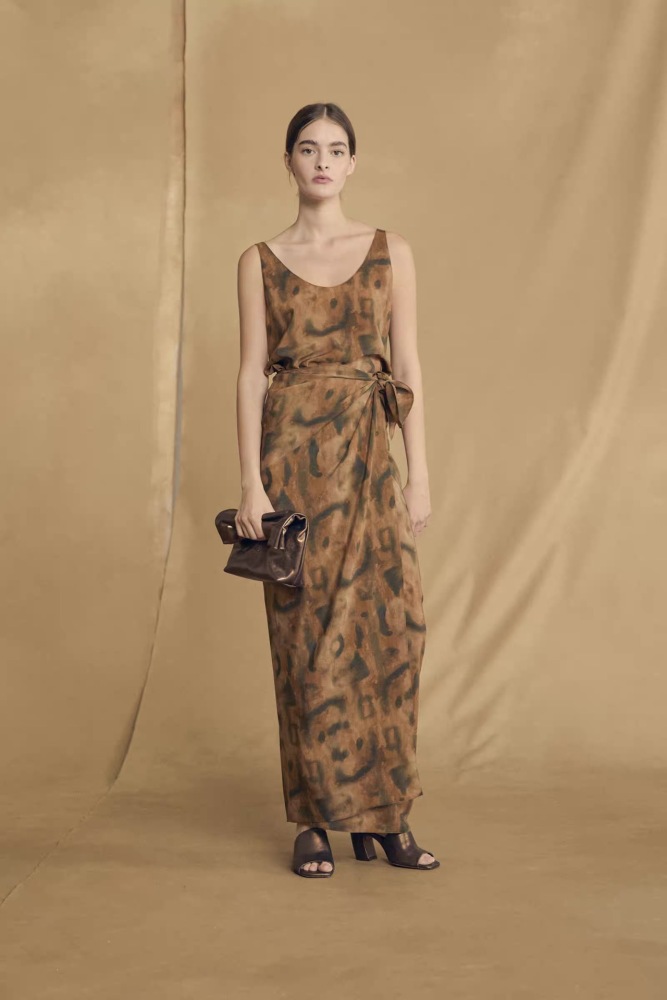 Sleeveless Tea Break Skirt Ink washes blended printing Sand Washed Silk Wrap Dress