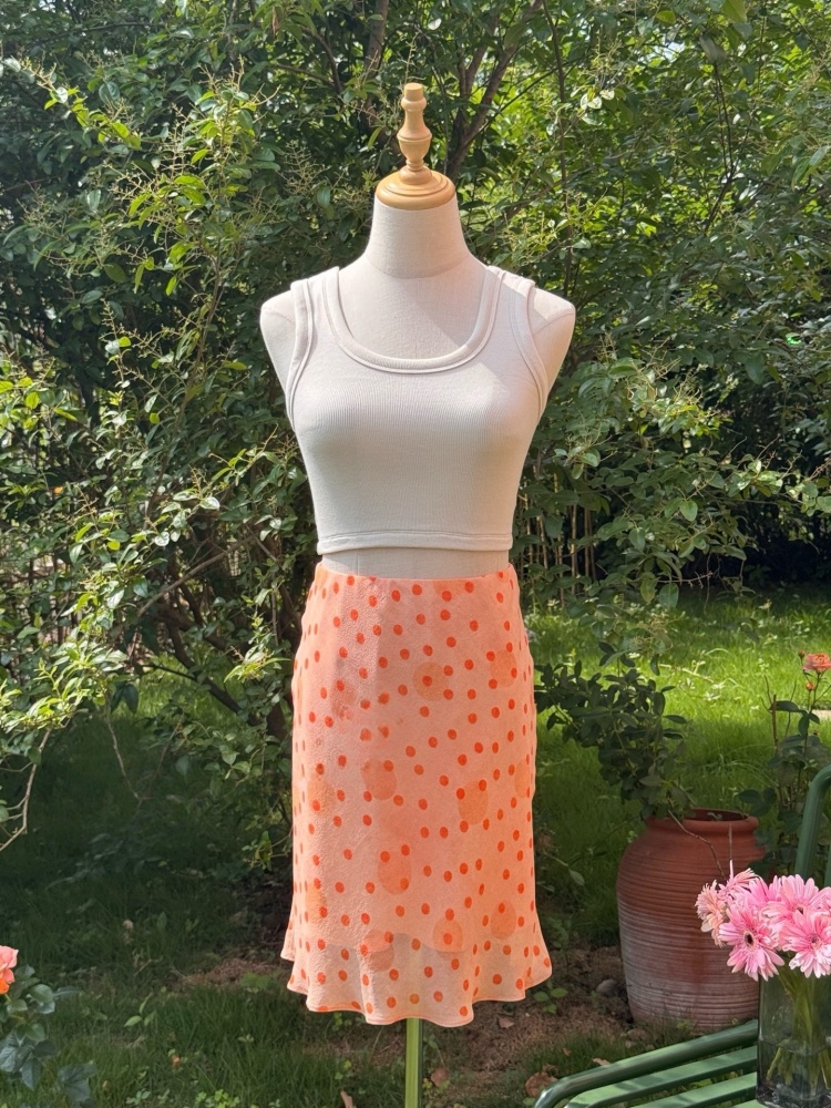 Southern French Romantic Orange Pink Silk Qiaoqi Oblique Cut Fish Tail Half Skirt