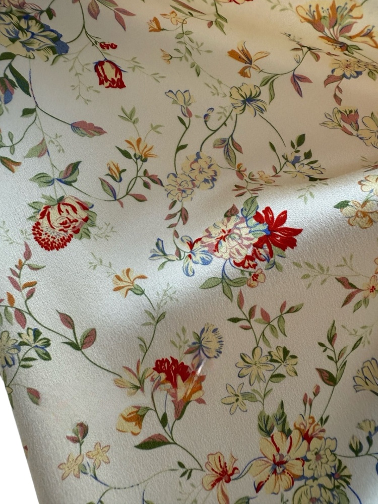 Pearl Luster Satin Silk Classic Floral Print Romantic Bubble Sleeve Short Diagonal Cut Silk Dress