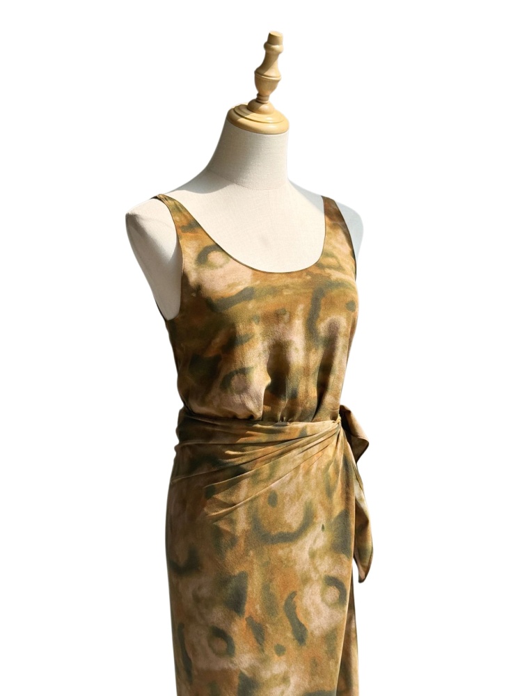 Sleeveless Tea Break Skirt Ink washes blended printing Sand Washed Silk Wrap Dress