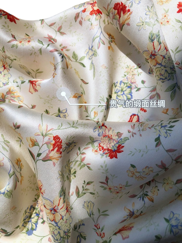 Pearl Luster Satin Silk Classic Floral Print Romantic Bubble Sleeve Short Diagonal Cut Silk Dress