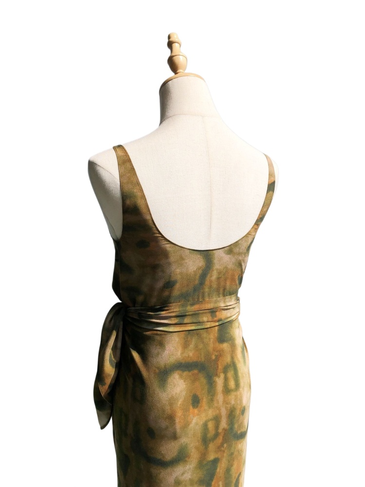 Sleeveless Tea Break Skirt Ink washes blended printing Sand Washed Silk Wrap Dress