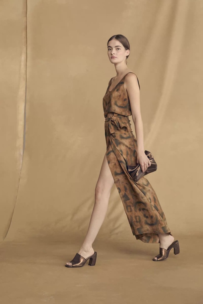 Sleeveless Tea Break Skirt Ink washes blended printing Sand Washed Silk Wrap Dress