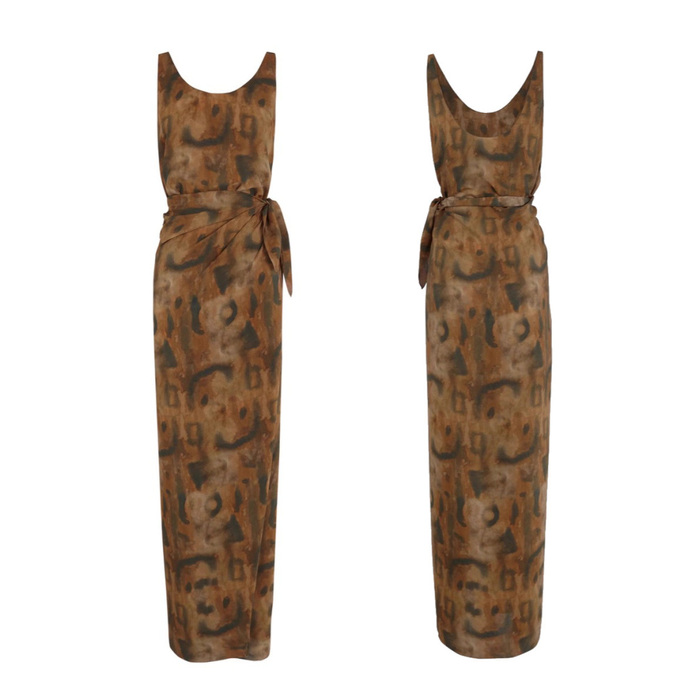 Sleeveless Tea Break Skirt Ink washes blended printing Sand Washed Silk Wrap Dress