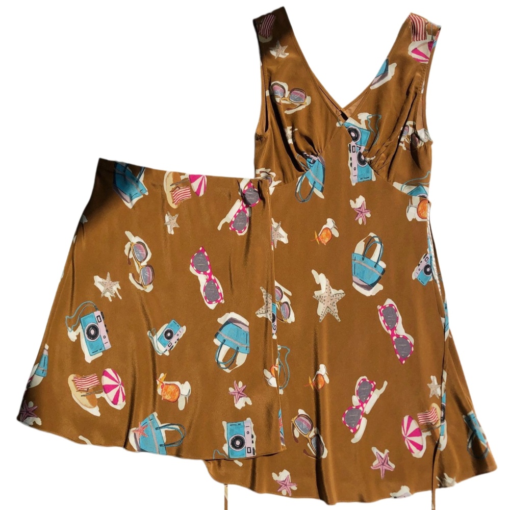 Silk V-neck Vest Short Dress/Short Half Skirt