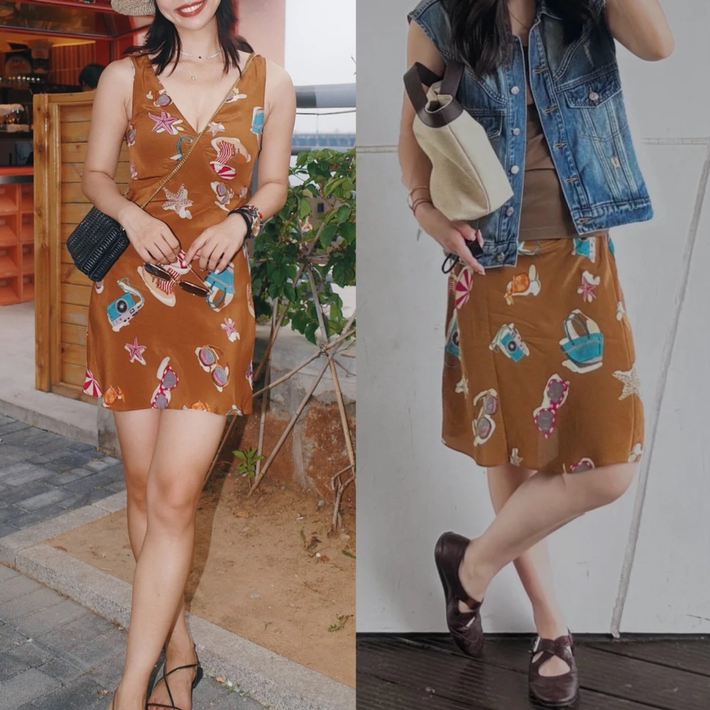 Silk V-neck Vest Short Dress/Short Half Skirt