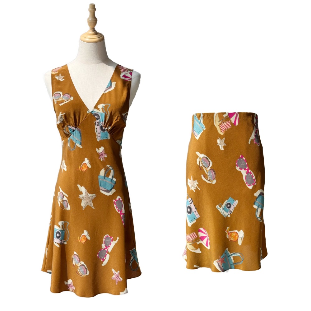 Silk V-neck Vest Short Dress/Short Half Skirt