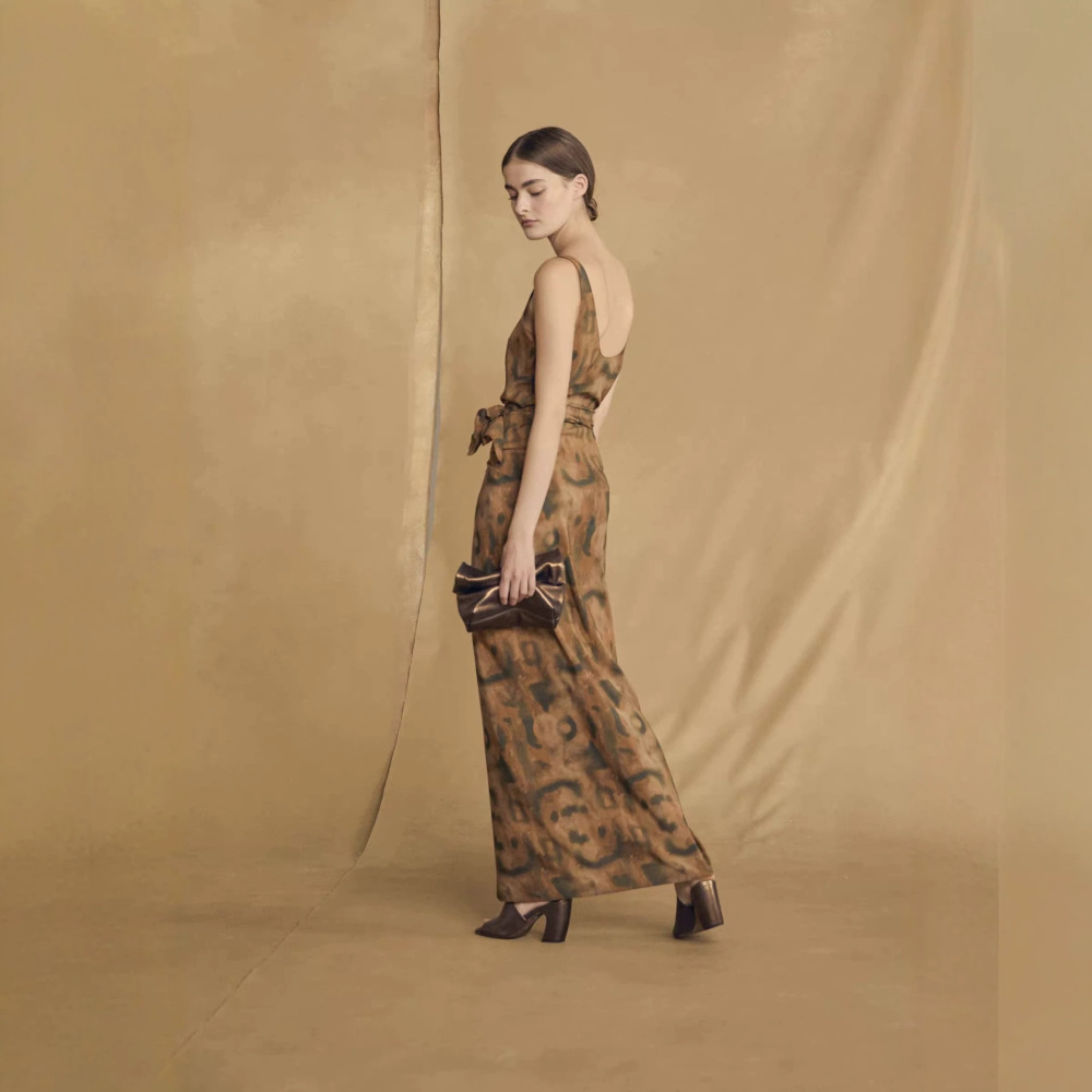 Sleeveless Tea Break Skirt Ink washes blended printing Sand Washed Silk Wrap Dress