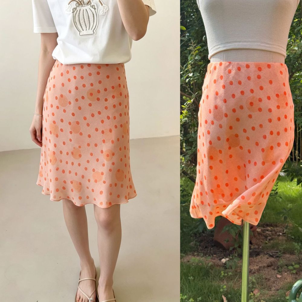 Southern French Romantic Orange Pink Silk Qiaoqi Oblique Cut Fish Tail Half Skirt