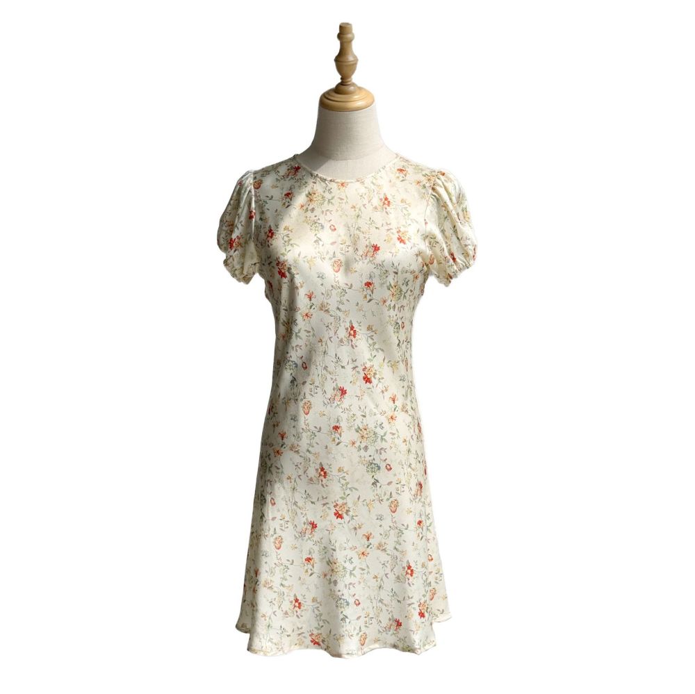 Pearl Luster Satin Silk Classic Floral Print Romantic Bubble Sleeve Short Diagonal Cut Silk Dress