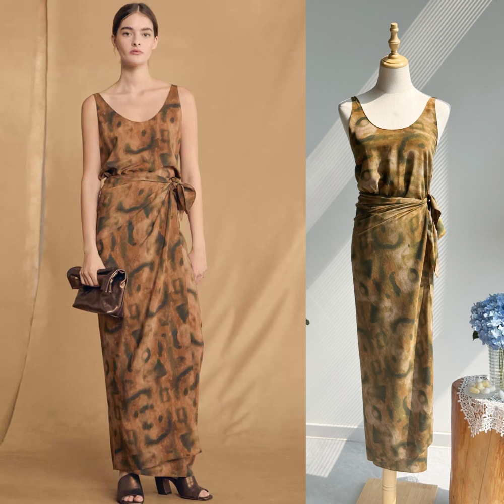 Sleeveless Tea Break Skirt Ink washes blended printing Sand Washed Silk Wrap Dress