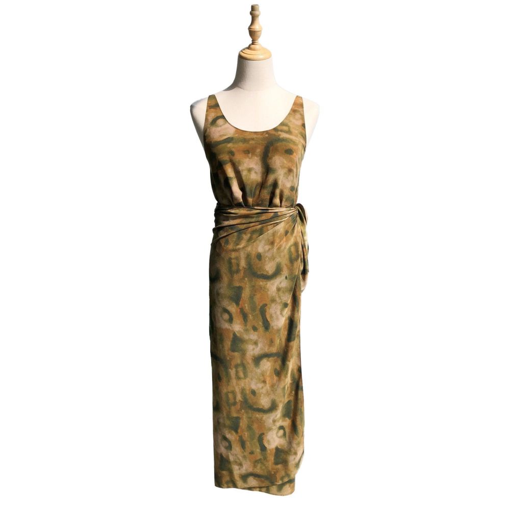 Sleeveless Tea Break Skirt Ink washes blended printing Sand Washed Silk Wrap Dress