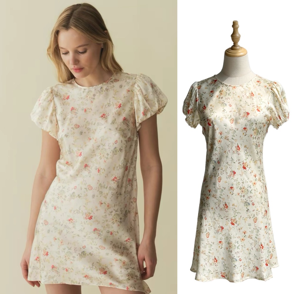 Pearl Luster Satin Silk Classic Floral Print Romantic Bubble Sleeve Short Diagonal Cut Silk Dress