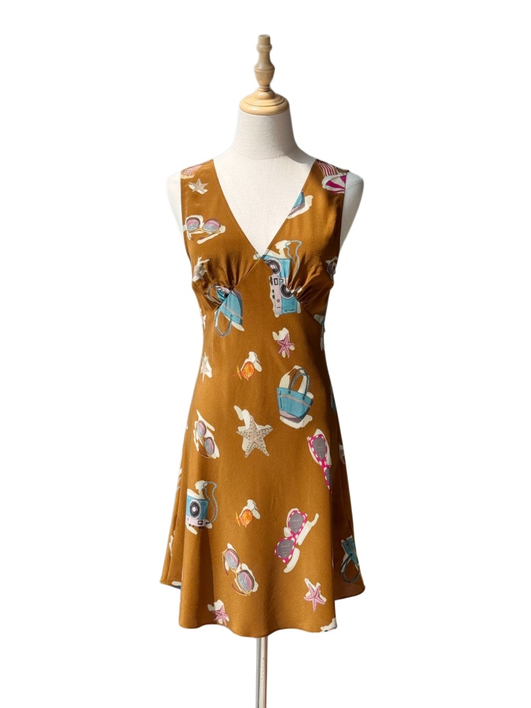 Silk V-neck Vest Short Dress/Short Half Skirt