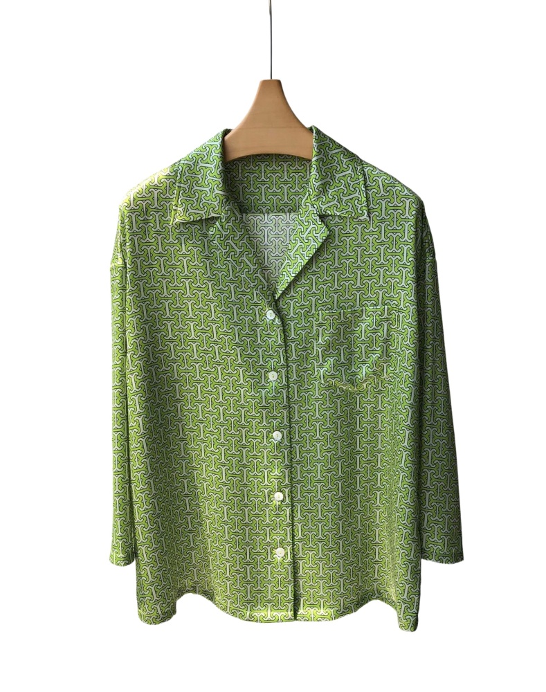 Vintage Geometric Pattern Printed Heavyweight Plain Satin Lazy Homewear Silk Shirt