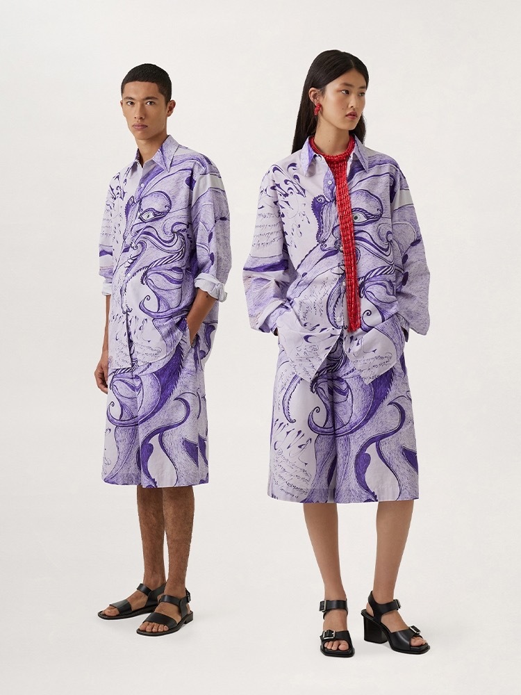 Dry Silk Long-Sleeve Button-Up Shirt Watercolour Dyed Unisex