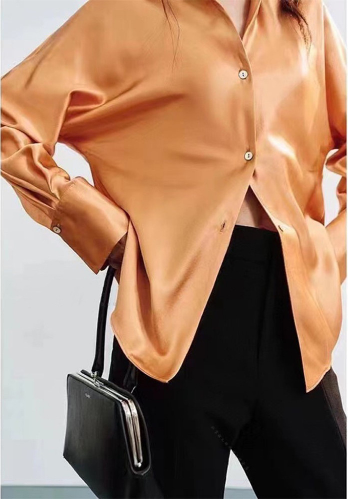 Silk V-neck Long Sleeve Shirt with Slim Fit and Diagonal Cut