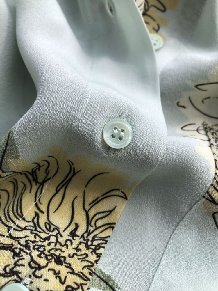 Printed Washed Silk Oversized Long-Sleeve Shirt Button-up Water Green Chrysanthemum