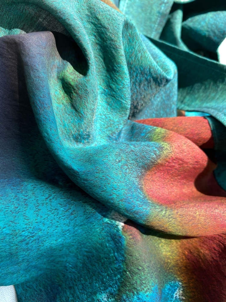 Turquoise Gradient Textured Long-Sleeve Shirt with Flowing Ribbons