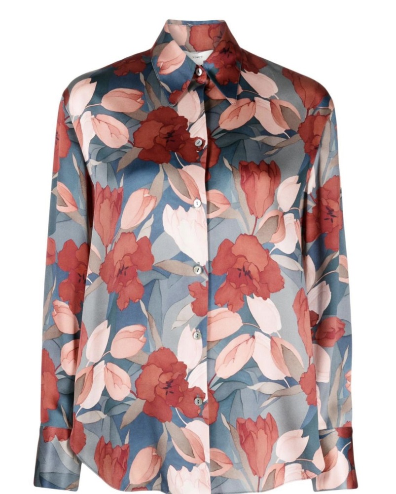 Washed Plain Crepe Satin Silk Long-Sleeve Shirt with Tulip Print and Large Collar