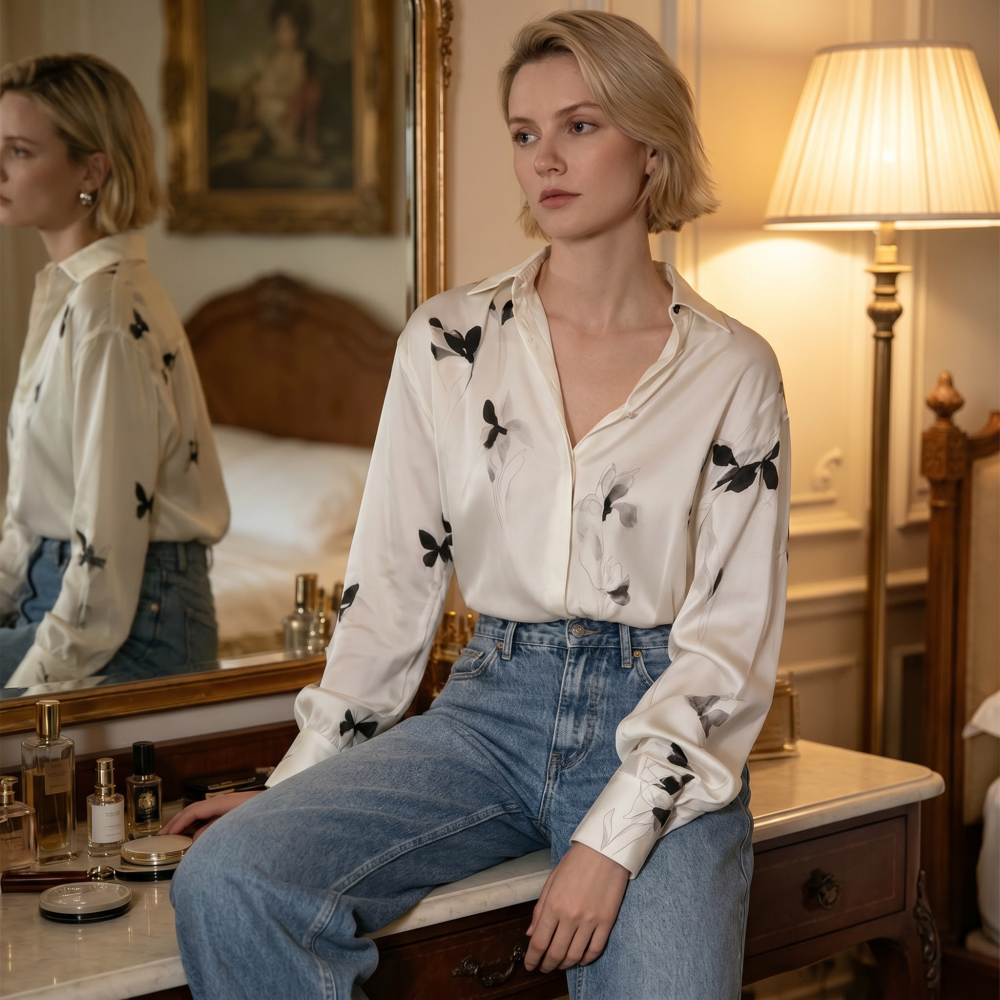 Ink-Dyed Iris Elegant Print Washed Plain Crepe Satin Silk Small Pointed Collar Long-Sleeve Shirt