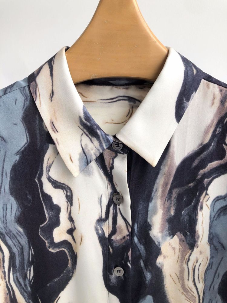 Silk Double-Georgette Long-Sleeve Shirt with Ink Wash Printing