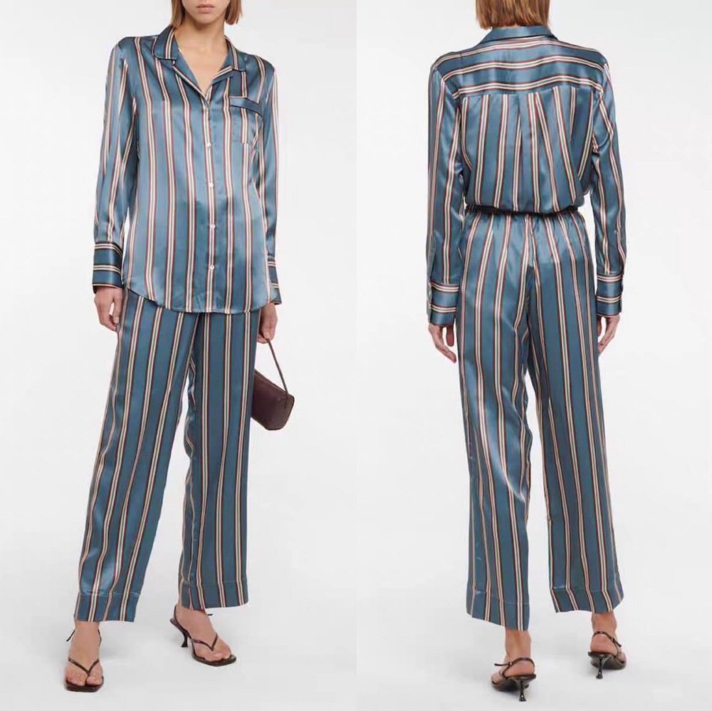 Silk Satin Striped Nightshirt Shirt Wide-Leg Pants Blue