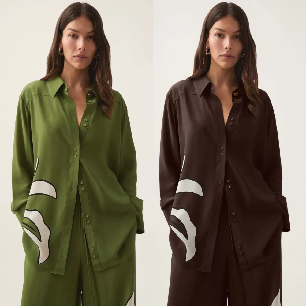 Loose Oversized Silk Shirt with Printed Pattern