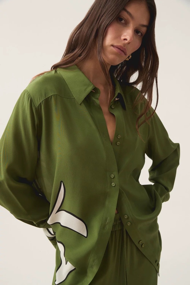 Loose Oversized Silk Shirt with Printed Pattern
