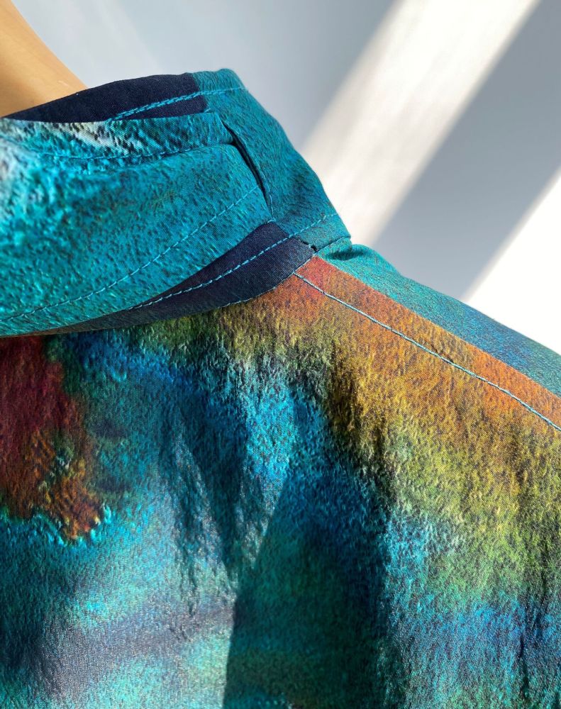 Turquoise Gradient Textured Long-Sleeve Shirt with Flowing Ribbons