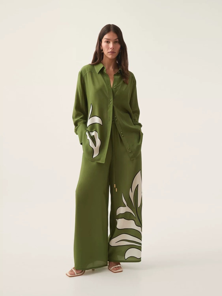 Loose Oversized Silk Shirt with Printed Pattern
