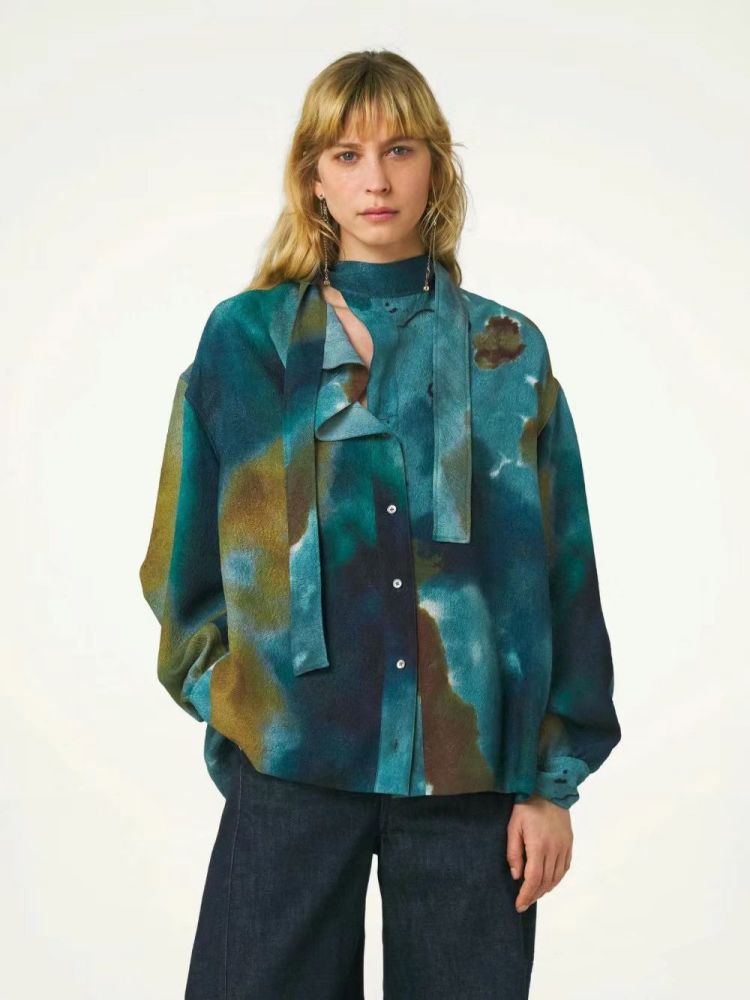Turquoise Gradient Textured Long-Sleeve Shirt with Flowing Ribbons