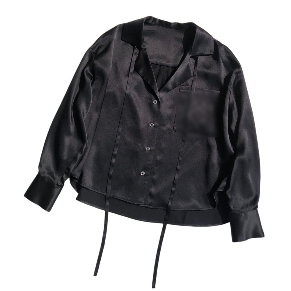 Satin Silk Long-Sleeve Shirt with Pockets, Suit Collar with Tie