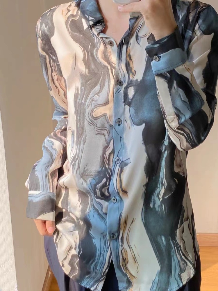 Silk Double-Georgette Long-Sleeve Shirt with Ink Wash Printing