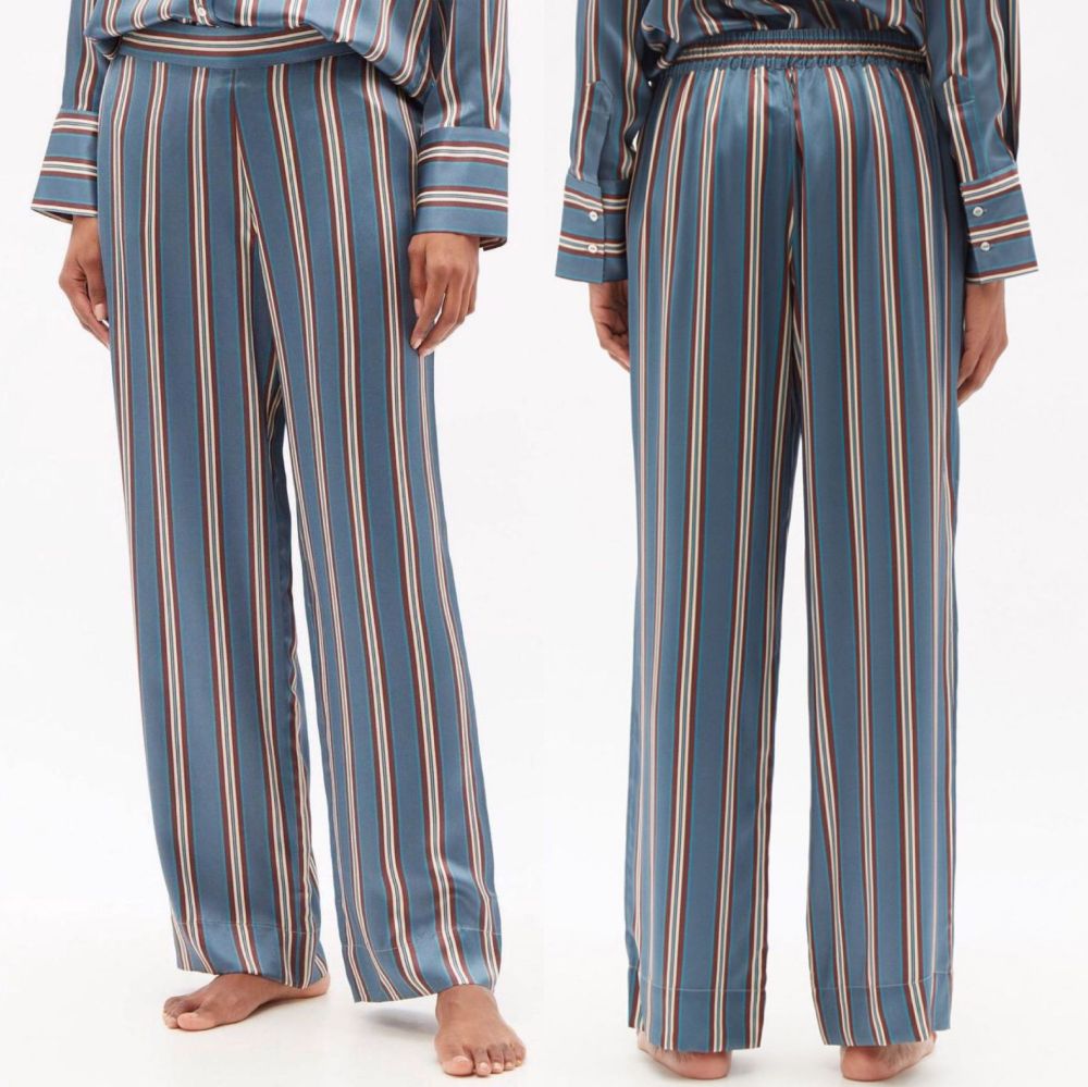 Silk Satin Striped Nightshirt Shirt Wide-Leg Pants Blue