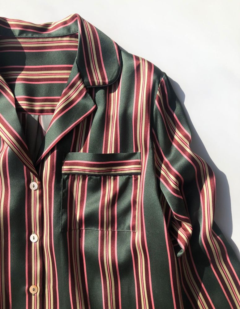 Silk Satin Striped Nightshirt Shirt Wide-Leg Pants
