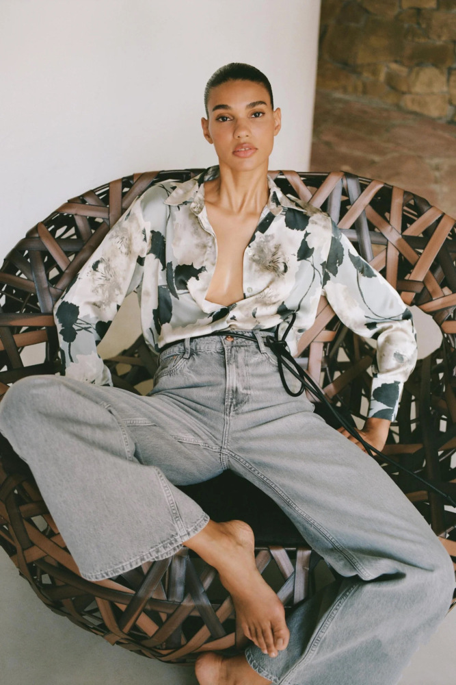 Satin Silk Shirt With Ink Wash Printing Bias-Cut Skirt